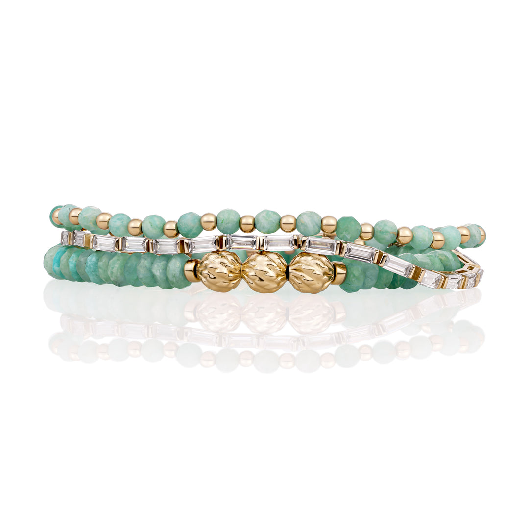 Rich Green Amazonite Tennis Baguette Bracelets Stack | Gold Plated